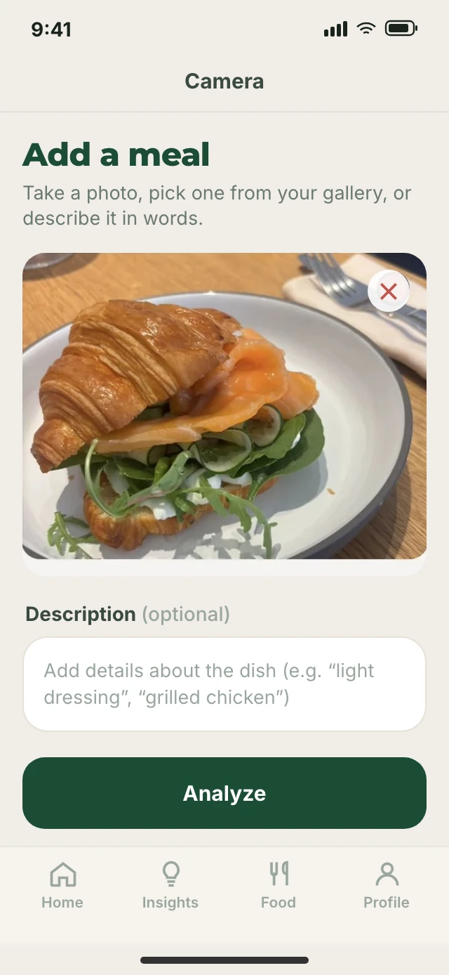 App screen: add a meal from a photo