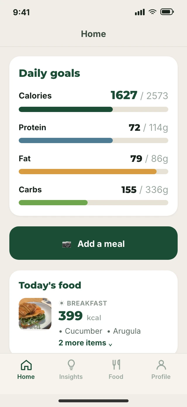 App screen: daily goals — calories and macros